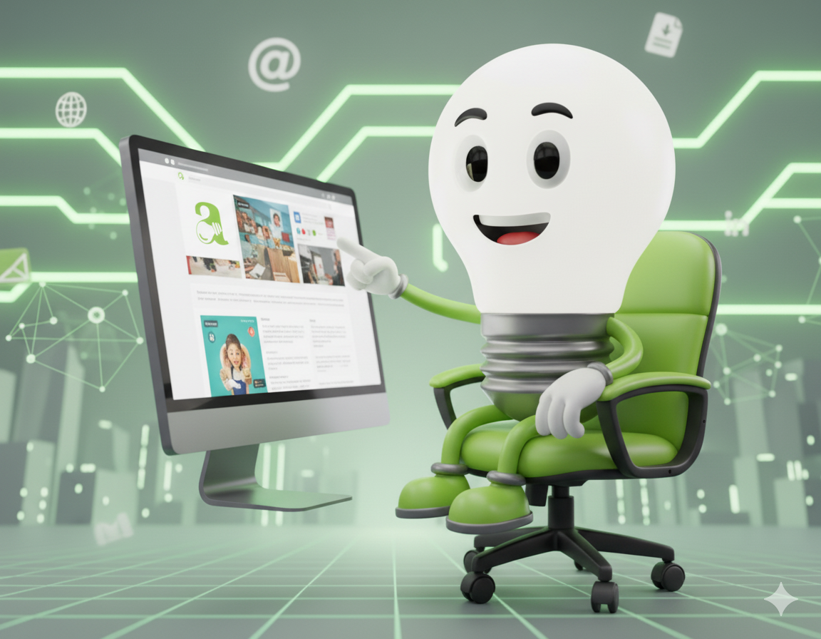 Mascote lâmpada da Albaluz Criações, agência de marketing digital em Caçapava e São José dos Campos, trabalhando em um computador